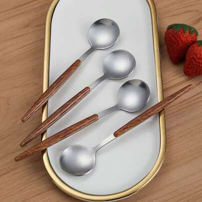 12/1pc Stainless Steel Wood Grain Handle Round Spoon, Modern Long Handle 304 Stainless Steel Korean Style Spoon, Suitable For Soup, Cereal, Dessert, Milk, Tea, Coffee, Etc.