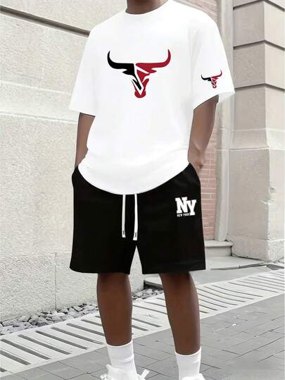 Summer Fashion Men's Short Sleeve Set, Casual Short Sleeve Top + Breathable Shorts 2-Piece Set, Chic Handsome Design Short Sleeve Set, Loose Casual Sports Short Sleeve Set