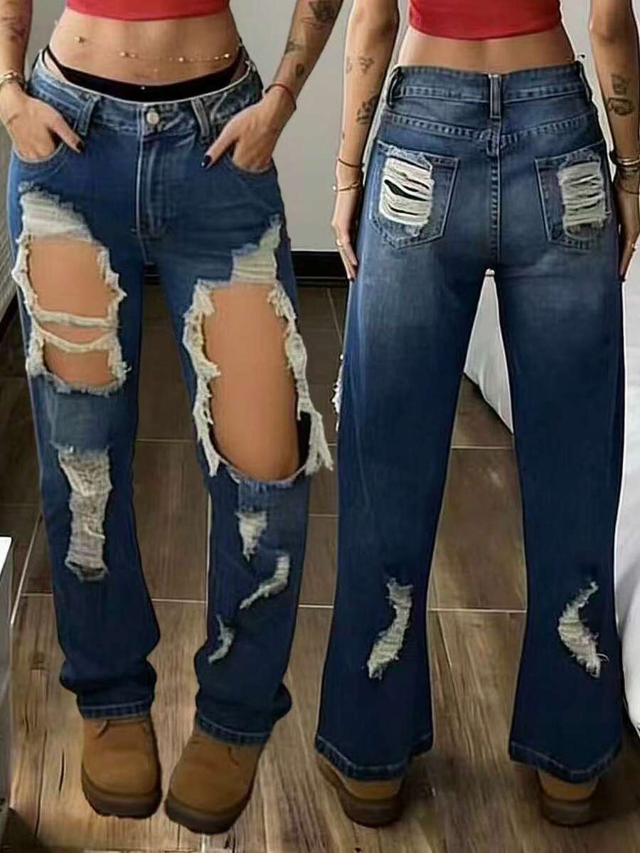 Quần jeans nữ mới - Quần jeans nữ ống đứng rách gợi cảm với túi và cúc cài phía trước, kiểu dáng dài thoải mái với độ co giãn nhẹ, thích hợp cho mùa xuân.