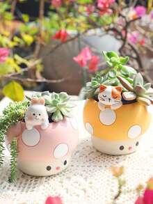 Süßer Pilz-Blumentopf mit Tierfigur, Sukkulenten-Topf für Zimmerpflanzen, Kawaii Raumdekoration für Schreibtisch, Regal, Badezimmer, Büro, Boho Wohnaccessoire, Geschenk für Pflanzenfans, Frauen, Frühlingsgarten Dekoration, ästhetische Schlafzimmer- & Kinderzimmer-Dekoration - A - Übersicht 2
