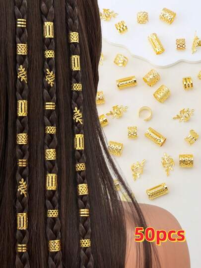 50pcs/Set Vintage Bohemian Style Alloy Hair Scrunchies - Hollow Round Hair Accessories Suitable For Women & Girls, Elegant Solid Color Hair Ties, For Braiding & DIY Hairstyles