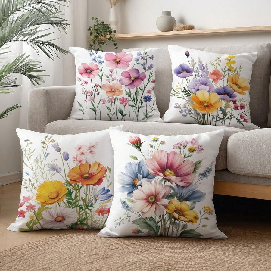 4件套简约春季花卉抱枕套，单面柔软桃皮绒面料，45*45厘米抱枕套，适合室内装饰、派对装饰、装饰枕礼品 - 彩色 - 查看 1