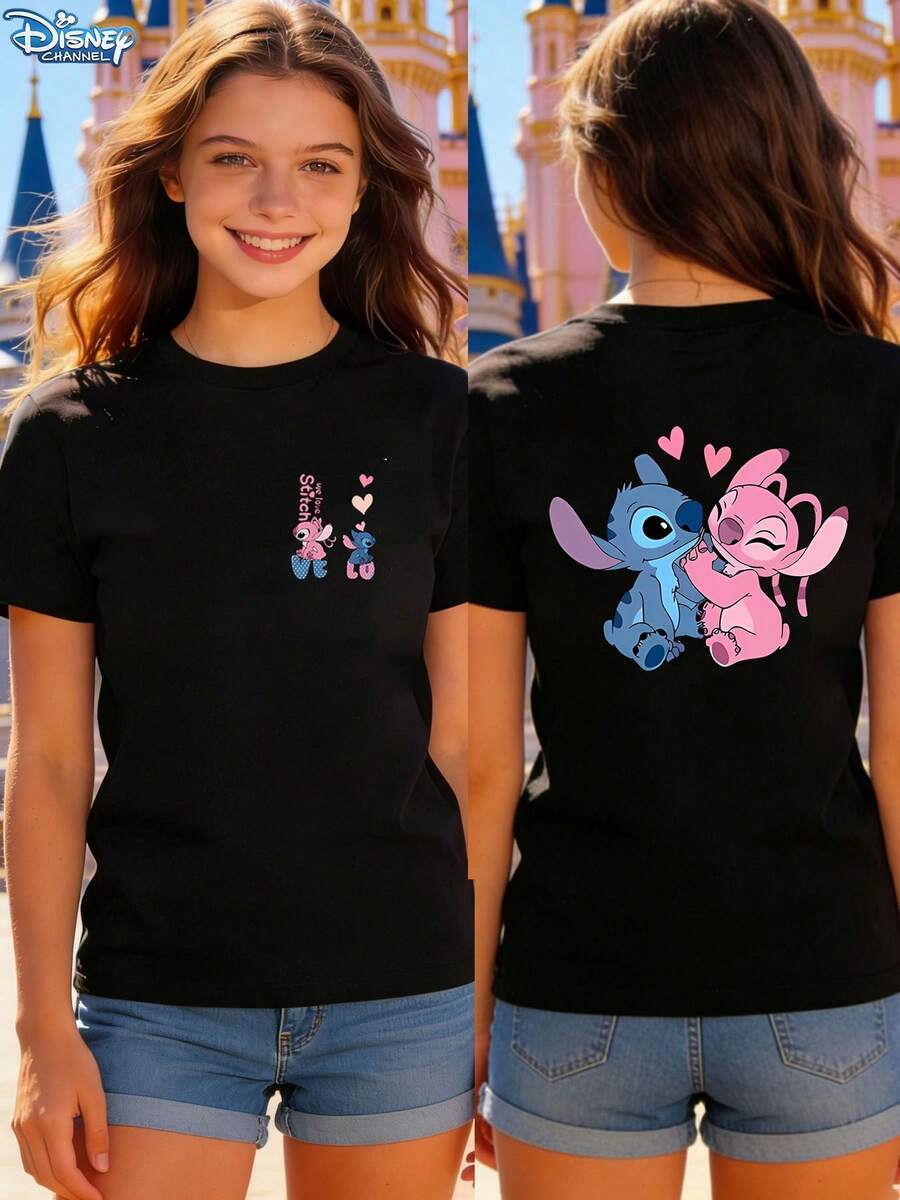 Soft Cotton T-Shirt | Disney Lilo & Stitch "Stitch & Angel Love" Front & Back Graphic | Casual Daily WearMade From Soft, Comfortable, And Durable Pure Cotton, This Is An Ideal Choice For Spring And Summer. This Crew Neck T-Shirt Is Suitable For Various Occasions, Including Everyday Wear, Shopping, Parties, Travel, And Gatherings, And Also Makes A Thoughtful Gift. - Black - View 1