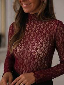 女士纯色薄纱蕾丝领雪纺衬衫，春季 - 酒紅色 - 查看 2