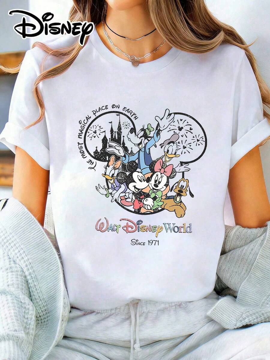 Loose Fit Crew Neck T-Shirt | Walt Disney World Retro Theme | Vacation Wear. Made From Soft, Comfortable, And Durable Pure Cotton, This Is An Ideal Choice For Spring And Summer. This Crew Neck T-Shirt Is Suitable For Everyday Wear, Shopping, Parties, Travel, And Gatherings, And Also Makes A Thoughtful Gift. - White - View 1