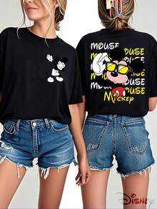 Disney Official Licensed, Mickey Mouse,  Sunglasses, Double-Sided Print, 100% Cotton, Crew Neck T-Shirt, Streetwear, Casual Wear, Spring & Summer Top, Disney Merch, Fan Collectible - Noir - Voir 1