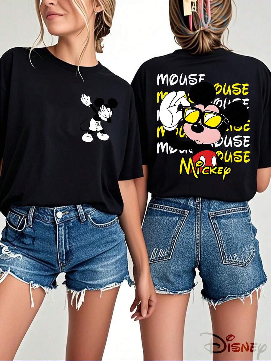 Disney Official Licensed, Mickey Mouse, Sunglasses, Double-Sided Print, 100% Cotton, Crew Neck T-Shirt, Streetwear, Casual Wear, Spring & Summer Top, Disney Merch, Fan Collectible - Noir - Voir 1