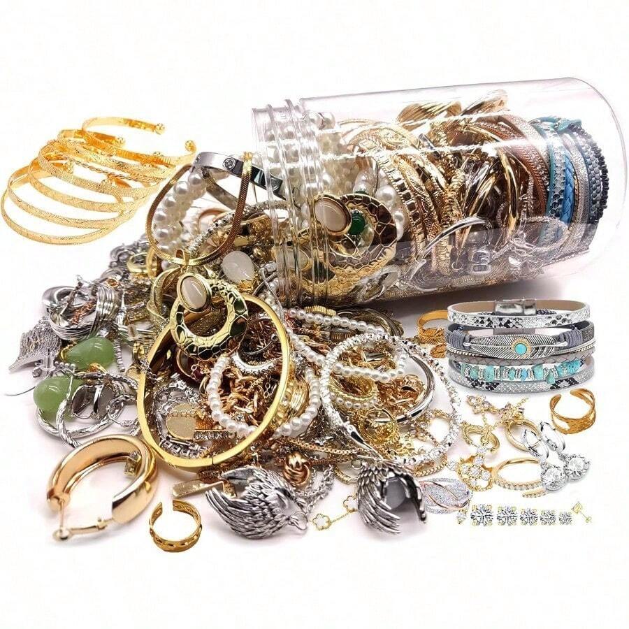 1 Random Style, Including Ring, Bracelet, Necklace, Earrings, Earrings, And Anklet, Inlaid With Imitations, Metal Geometric Design, Suitable For Women To Match With Holiday Gifts - 1PC - View 1