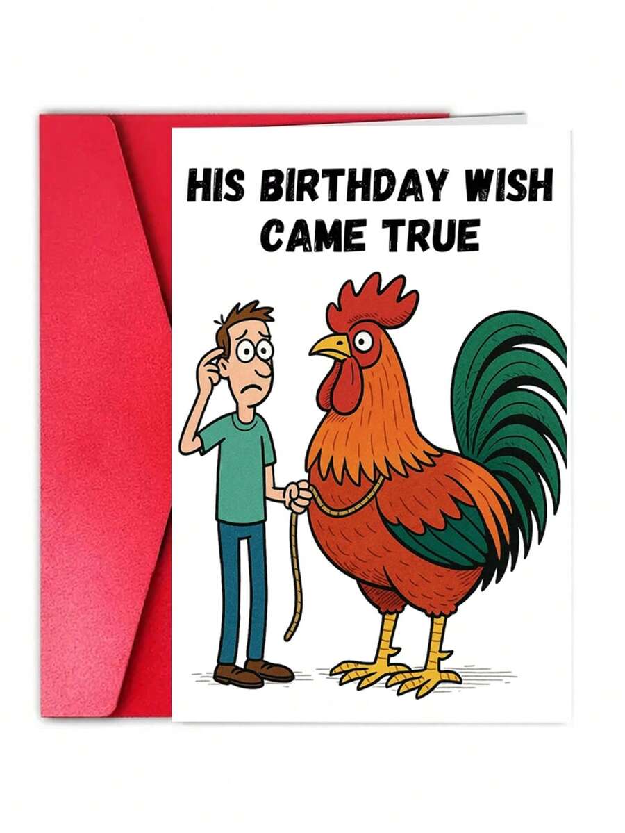 1张趣味“生日愿望成真”公鸡贺卡,附赠红色信封,卡通插图,送给他和朋友的完美生日贺卡 - 18*13厘米 - 查看 1