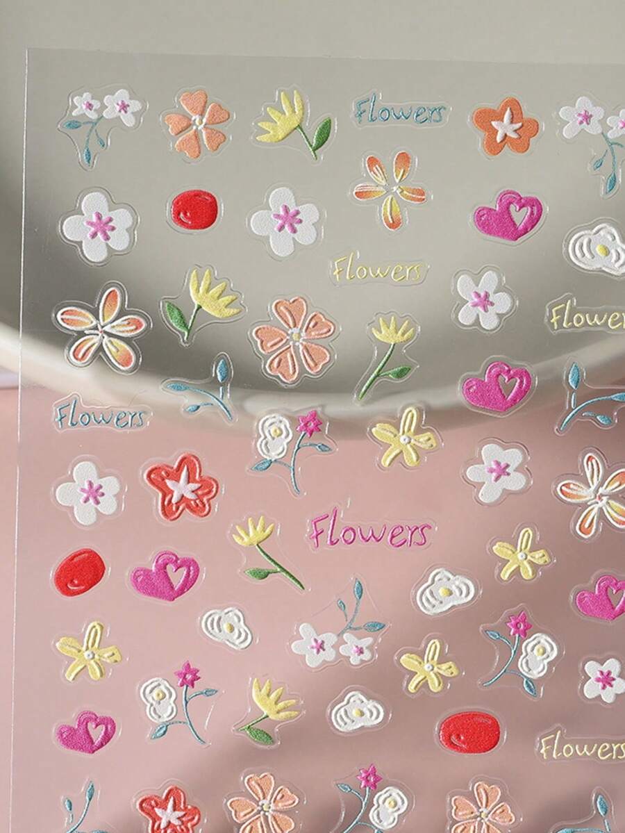 1 pieza Pegatina de arte de uñas floral y colorida, Calcomanías de uñas con patrón de flores en relieve 5D de primavera/verano, Aplicable a uñas, fundas de teléfono, espejos de maquillaje, tazas, lindas pegatinas decorativas para uñas - vistoso - Ver 1