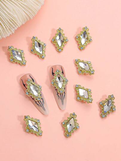 10 Y2K Sparkling Diamond-Shaped Gemstone Gold Alloy Nail Art Crystals, Suitable For Long False Nails, Luxury Decorative Jewelry Accessories, DIY Nail Art Supplies.
