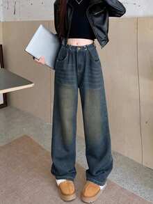 Women's Pocket Distressed Wide Leg Loose Casual Versatile Jeans - Dark Wash - View 3