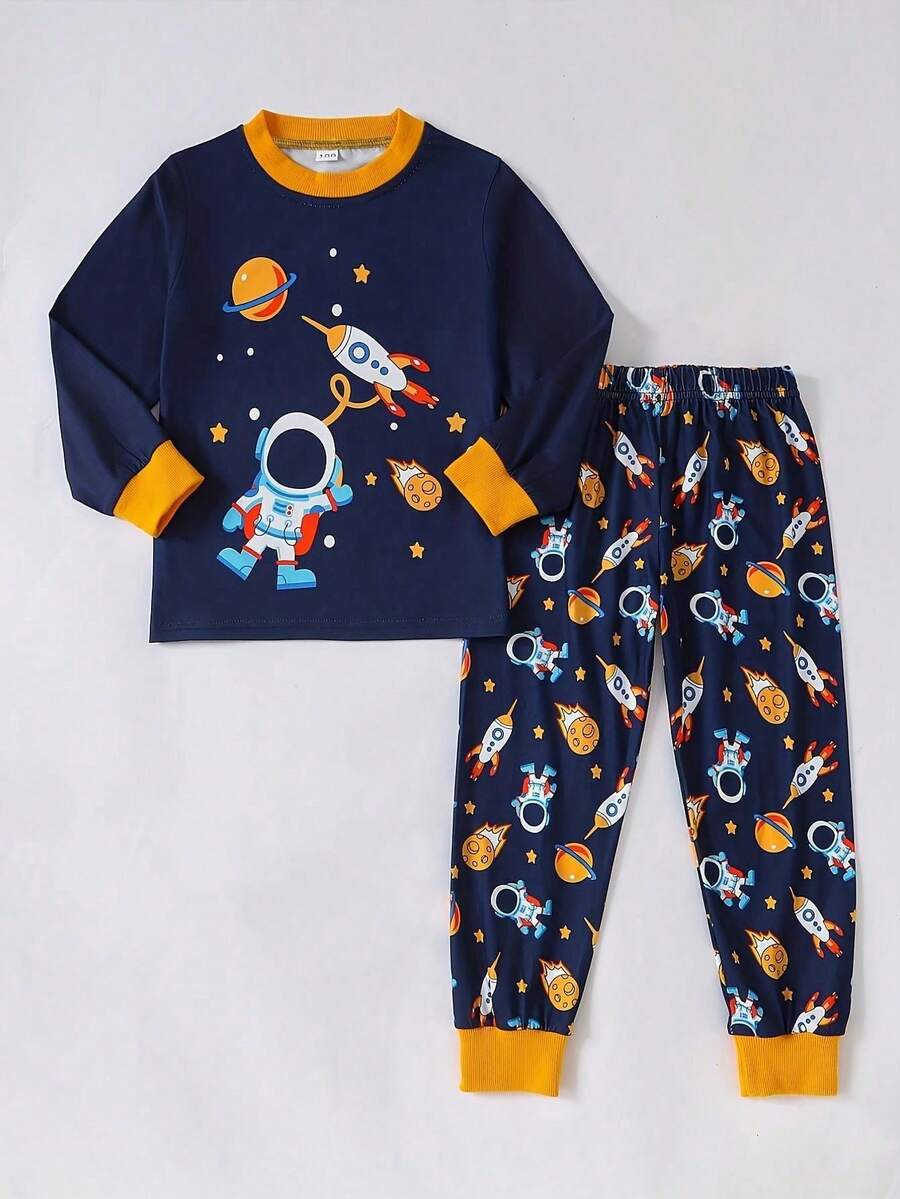 2pcs Tween Boy Casual Astronaut & Solar System Print Sweater Top And Pants Comfortable Outfit, Children Clothing - Navy Blue - View 1