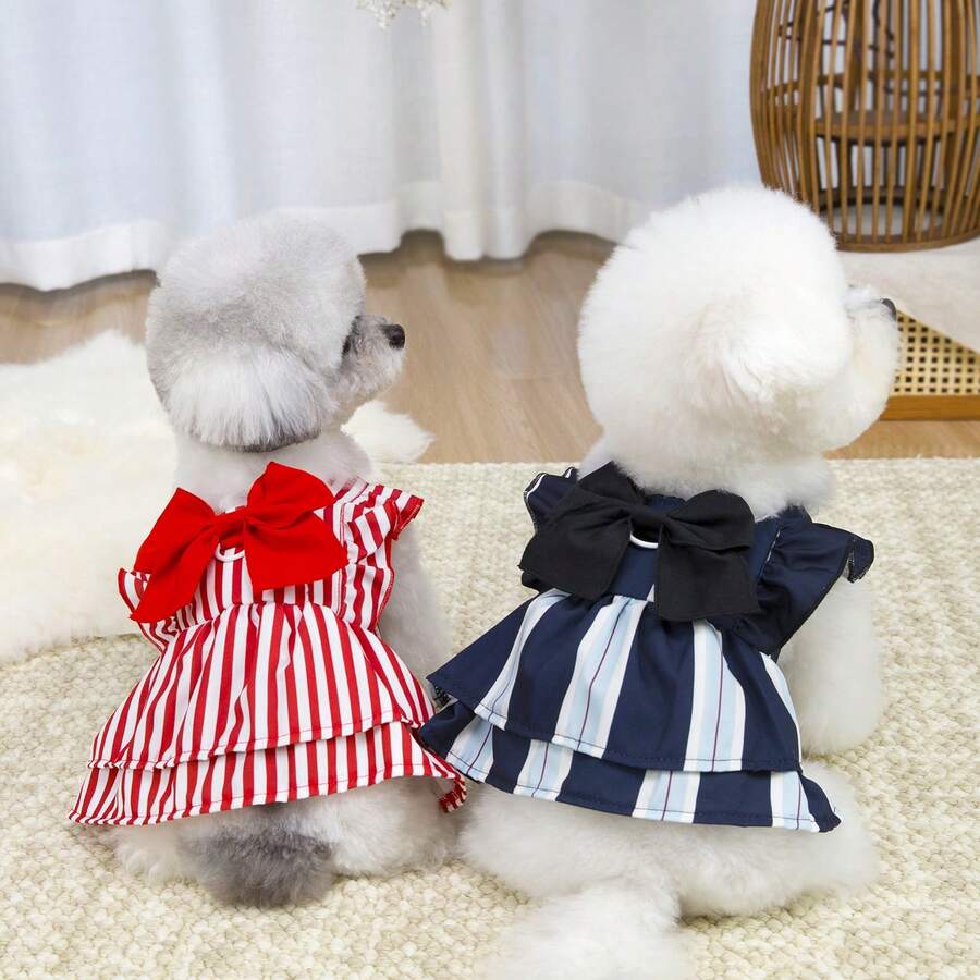 New Pet Shirt, Dog Clothes, Flare Sleeve, Dog Dress, Cat Floral Shirt, New Spring/Summer 26 French Elastic Waist Dress, Animal Suspender Sweater, Cat Clothes, New Spring/Summer, Small Animal Clothes, Polka Dot Fashion Suspender Dress, 26 V-Neck Dress