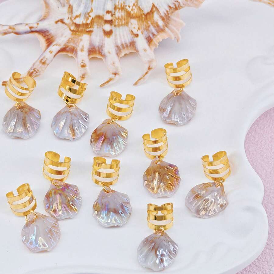 10pcs Seashell Decoration Hair Clips For Braids Metal Sleeve Hair Jewelry Accessories, Beach Shell Pendant Hair Clips, Summer Beach Vacation Hair Accessories For Women, Festival Travel Hair Claws Hair Slides - 香檳色 - 查看 1