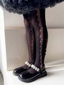 1pc Spring/Summer Lightweight Side Bow Mesh Pantyhose, Girls Black/White/Beige Leggings, Hollow Heart Breathable Base Layer Socks, Suitable For Girls Aged 1-14 - Multicolor - View 13