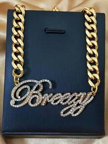 Personalized Old English Necklace: 18K Big Nameplate, 8mm Cuban Chain, Custom Women Men Jewelry - Diamond-encrusted Version - View 3