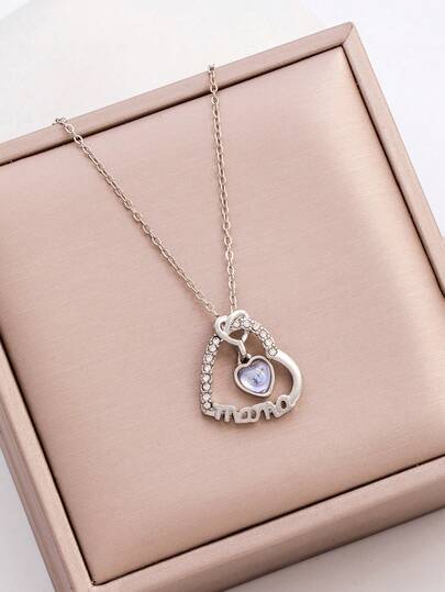 1pc Silver Letter "Mama/Mom" Heart Pendant Necklace, Rhinestone Inlaid Fashion Necklace For Women, Mother's Day/Holiday Gift