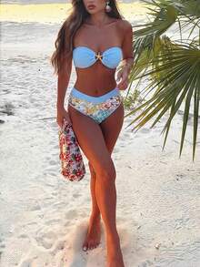 Bộ bikini hai dây gợi cảm dành cho nữ, áo croptop hở lưng kết hợp với chân váy in họa tiết co giãn cao cấp. - Màu xanh lam - Xem 9
