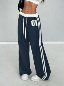 Navy Color Block Waist Wide Leg Pants With Side Stripe & Numeric Print Design, Flattering Silhouette, Casual American Vintage Style! - Xanh đậm - Xem 1