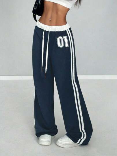 Navy Color Block Waist Wide Leg Pants With Side Stripe & Numeric Print Design, Flattering Silhouette, Casual American Vintage Style!