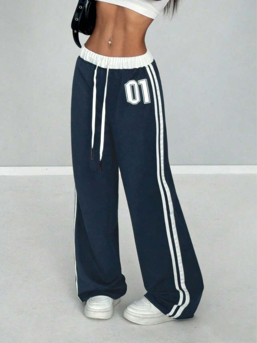 Navy Color Block Waist Wide Leg Pants With Side Stripe & Numeric Print Design, Flattering Silhouette, Casual American Vintage Style! - Xanh đậm - Xem 1