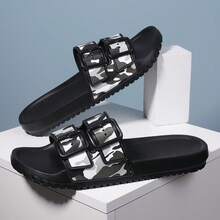 Men's Double Buckle One-Strap Slide Sandals, Flat Non-Slip Bathroom & Casual House Slippers, Summer - Black - View 5
