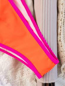 Contrast Color Sexy Casual Backless Beach Vacation Halter Bikini Set Summer - Orange - View 5