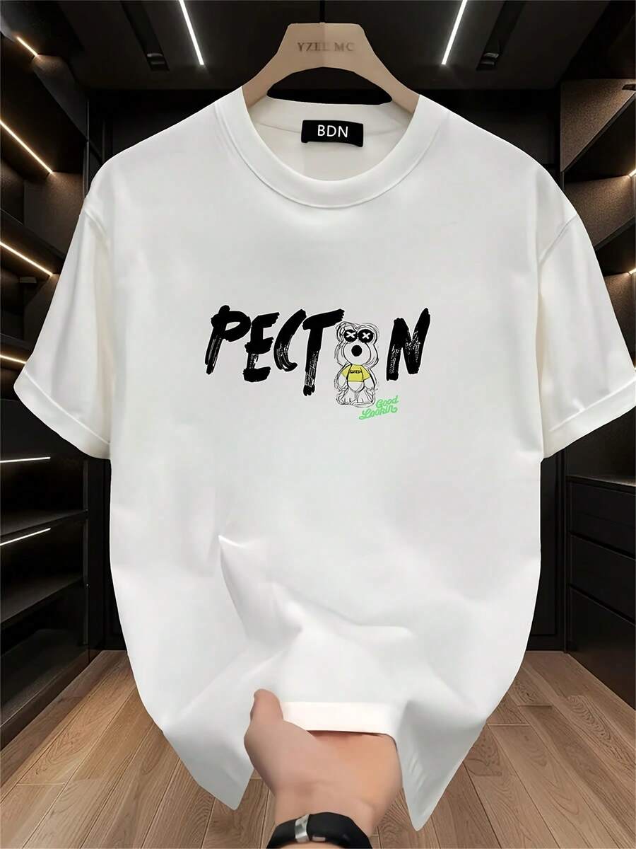 Modisches, bedrucktes Kurzarm-T-Shirt für Herren aus schwerer, reiner Baumwolle für den Sommer, im koreanischen und japanischen Stil, ein vielseitiges Herrenkleidungsstück. - Weiss - Übersicht 1