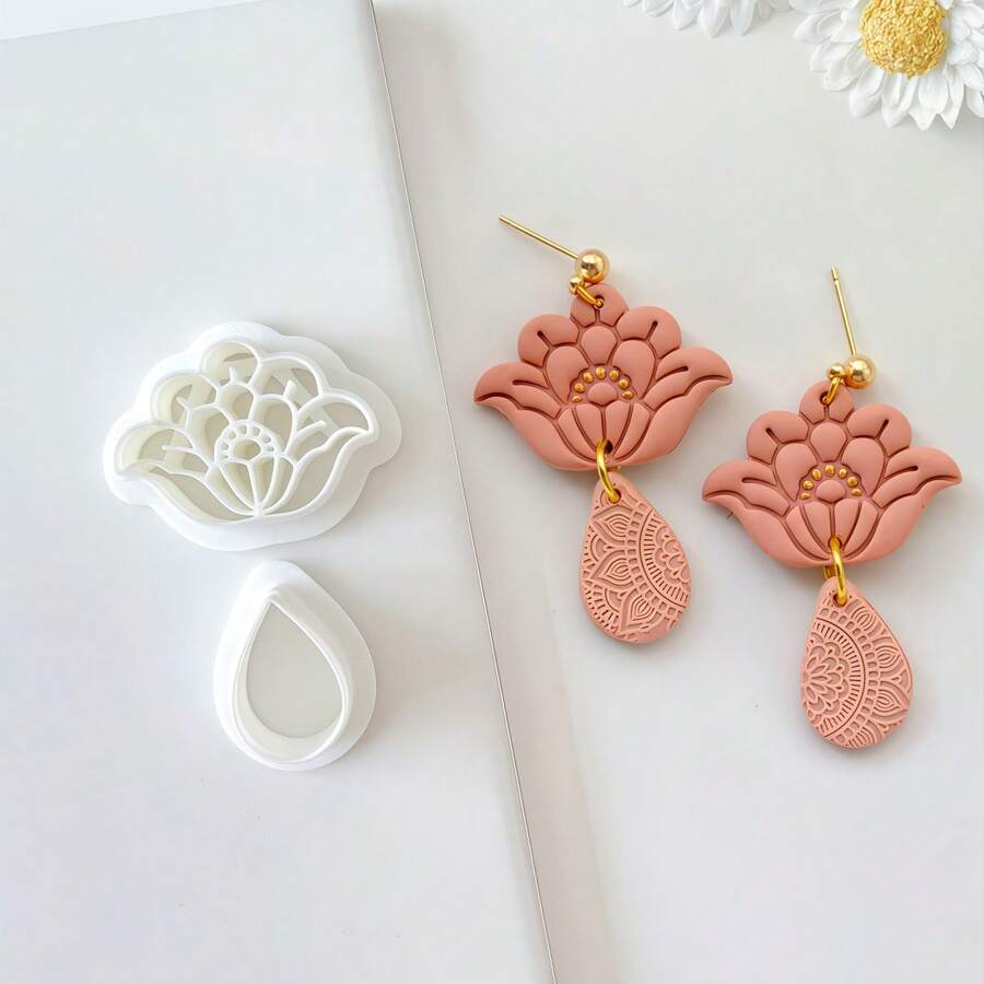Set de 2 moldes de arcilla polimérica con forma de flor y gota de agua para hacer colgantes y pendientes, herramienta de artesanía para dar forma a joyas DIY - Blanco - Ver 1