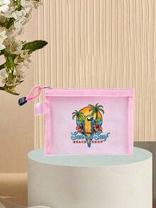 热带鹦鹉椰树印花网眼化妆包；旅行洗漱收纳包/学生文具笔袋/便携式口红粉饼盒/耳机线收纳包/零钱包/防水沙滩包；大容量透明拉链手拿包 - 彩色 - 查看 13