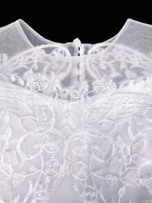 Girls' Floral Embroidered Bowknot Long Sleeve Mesh Formal Dress, Suitable For Flower Girl, Wedding, Festival, Prom, Spring/Summer - White - View 8