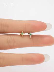 IN Z 1pc 925 Sterling Silver Gem-Encrusted Star Internally Threaded Lip Ring, Gold 3-Cubic Zirconia Triangle Stud Earring, Flat Cartilage Earring, Rear Lip Ring, Suitable For Daily Wear By Men And Women (Sold Individually) - Multicolor - View 3