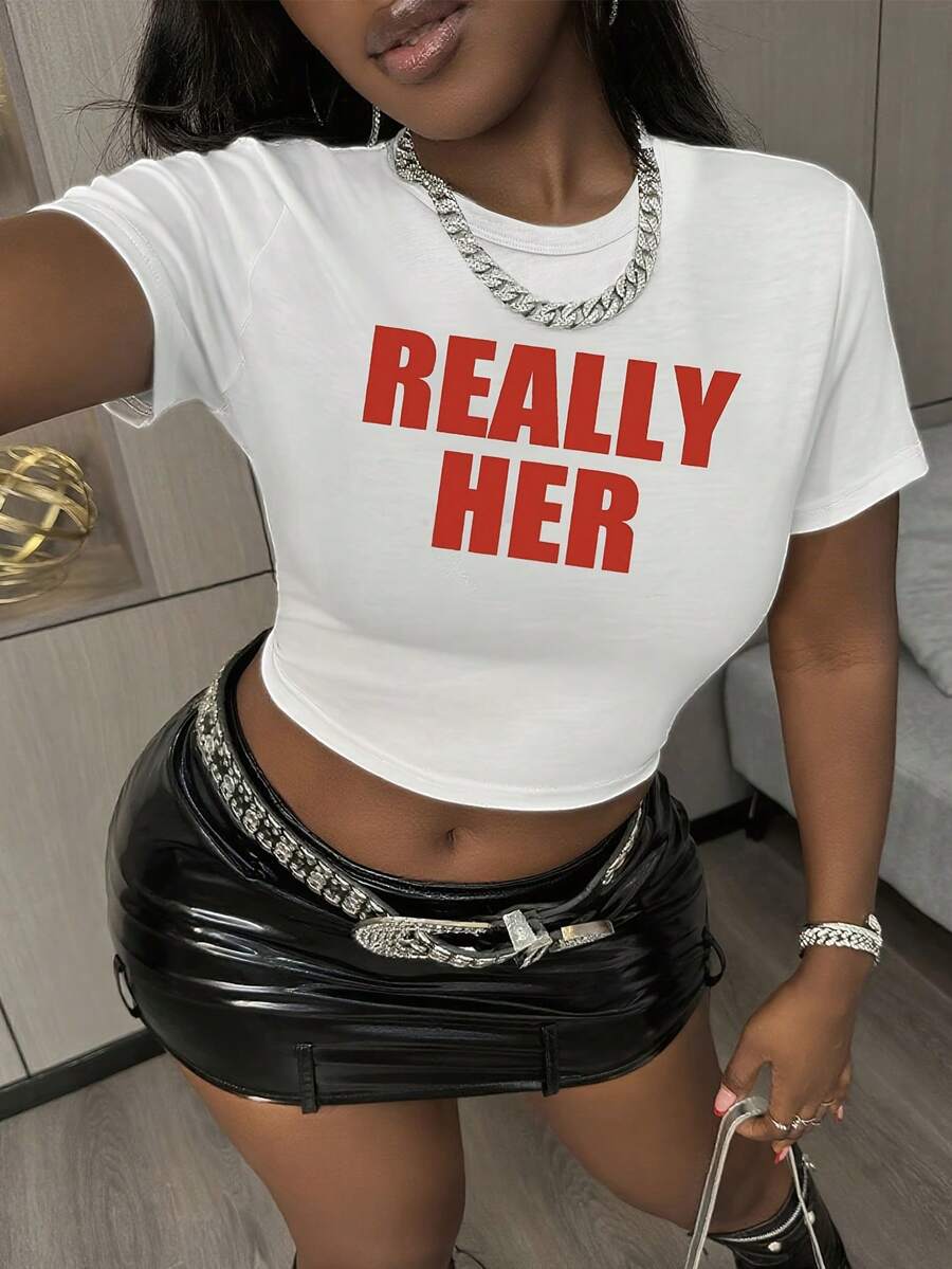 Women Casual Printed Round Neck Short Sleeve Top WT001- Ladies' Really Her Slogan Short Top, Confident Casual Slim-Fit Top, Suitable Spring, Summer, And Autumn Wear-Whitetop, White Top-Cozy Summer Essential & Casual Chic - 白色 - 查看 1