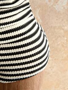 女士贝壳流苏装饰条纹串珠镂空露背吊带连体裤，夏季度假装，海滩度假装 - 黑與白 - 查看 5