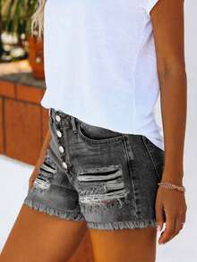 Women's Casual Denim Shorts, With Button Closure, Split Hem And Pockets, Straight Leg Style, Distressed Design - Dark Grey - View 2