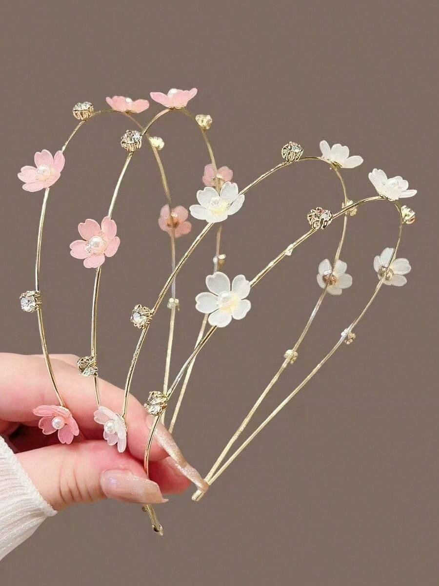 1件女童优雅水晶珍珠花朵双层金属细发箍，适合日常佩戴