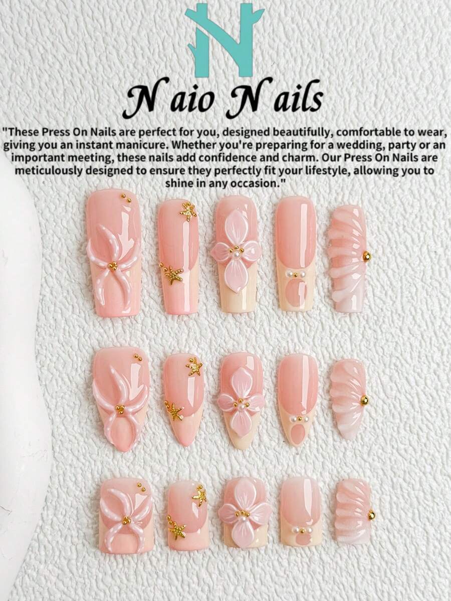 NAIO 10片/套 春夏手工按压式美甲贴片,夏季海滩主题美甲,棺材形/杏仁形/短方形甲片,Y2K 酷炫风格,裸色、黄色、粉色,法式边,粉色渐变,波浪纹,海星,花卉浮雕,海星金属珍珠配饰,奶油质地,适合女性和女孩,派对、日常佩戴,附带工具包,女士美甲用品、度假美甲的绝佳礼物,粘贴式假指甲套装,海洋主题礼物 - 彩色 - 查看 1