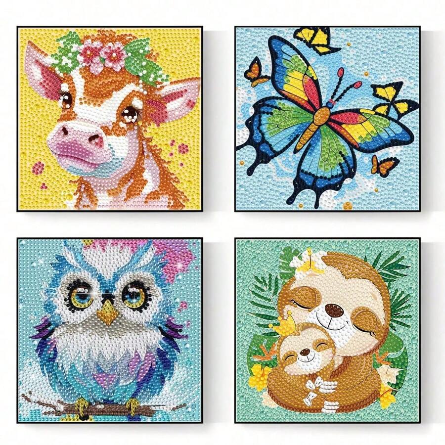 1 Set Cartoon Animal Diamond Painting Kit, Shiny Diamond Mosaic Art Set, DIY Room Decor Diamond Painting, Kids Holiday Craft Supplies, Includes Canvas, Diamond Bags, Tools, Size 6.69in*6.69in, Suitable For Home Wall And Desktop Decor, Kids Party Favors, Holiday Gifts And Presents For Friends - Multicolor - View 1