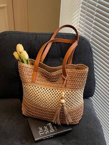 新款时尚多功能手提包，沙滩度假包，轻便优雅的草编包，波西米亚风单肩包，手提包，大容量，适合女性、大学生、青少年，带流苏吊坠 - 棕色 - 查看 8