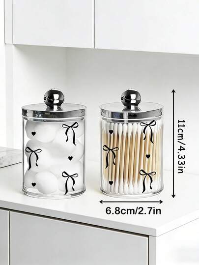 黑色蝴蝶结设计棉签收纳盒，棉签整理盒，棉签牙线收纳盒，透明亚克力化妆棉盒，化妆刷架，化妆品收纳盒，适用于家庭、办公室、桌面，清洁球收纳盒，浴室收纳罐，透明罐装棉签、清洁球、棉垫、牙线（手工测量：允许1-2厘米误差）