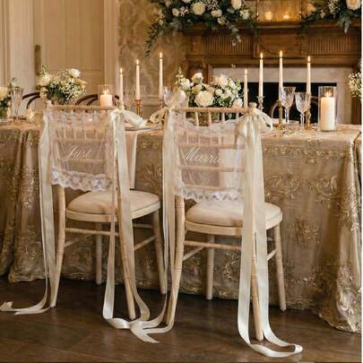 2pcs Just Married Chairs Signs For Wedding Reception Sheer Lace Just Married Chair Signs With Ribbon For Bride And Groom Chair Back Decor Sheer Lace Wedding Photo-Ready Decor Banner Sets