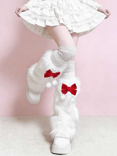 1 Pair Sweet Wine Red Bow & White Fuzzy Leg Warmers (May Have Light Shedding)