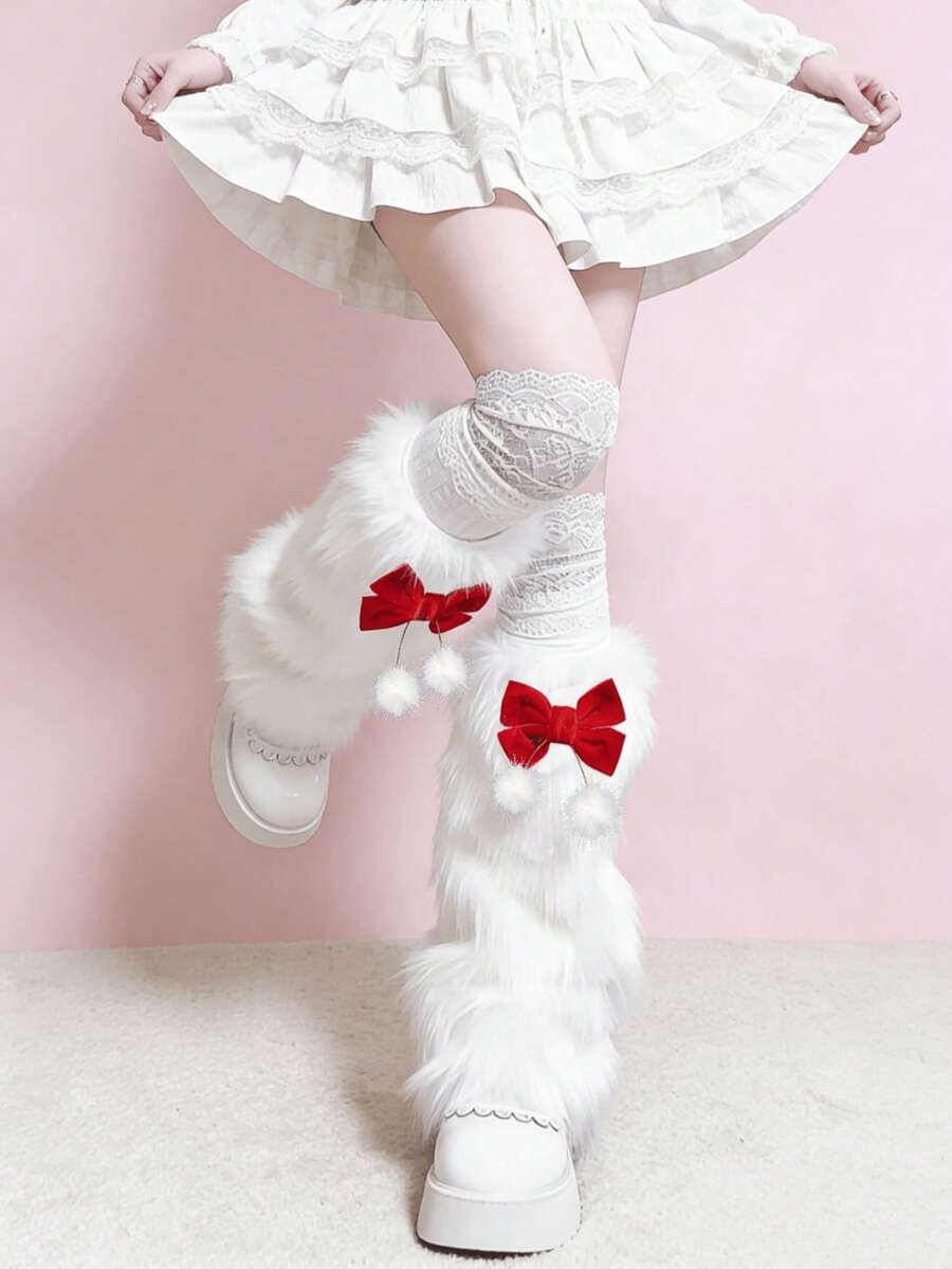1 Pair Sweet Wine Red Bow & White Fuzzy Leg Warmers (May Have Light Shedding) - Multicolor - View 1