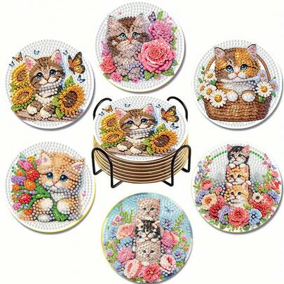 6pcs DIY Diamond Painting Coaster Set With Stand - Spring Cat Theme, Round And Asymmetrical Shape Diamonds, Wooden Craft Kit, Suitable For Adults And Beginners
