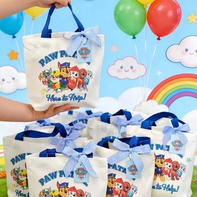 Paw Patrol Bolsa de lona con tema de personajes, adecuada como regalo de cumpleaños, regalo de regreso a la escuela, regalo de fin de curso. Con Rubble, Chase, Rocky, Zuma, Skye, Everest, Tracker, Tuck, Ella, Rex, WildCat, Liberty. Bolsa reutilizable y delicada. Bolsa de compras linda, se puede usar para llevar libros, ir de compras y llevar comestibles. La imagen es solo para referencia, el producto real puede diferir.