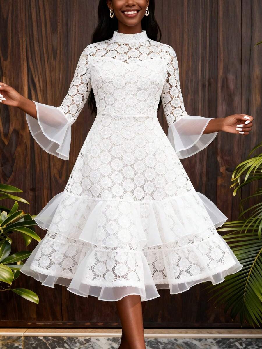 Women's Elegant White Lace High Collar Ruffle Sleeve Midi Fishtail Dress, Suitable For Wedding Guests And Church Events Spring Party - White - View 1