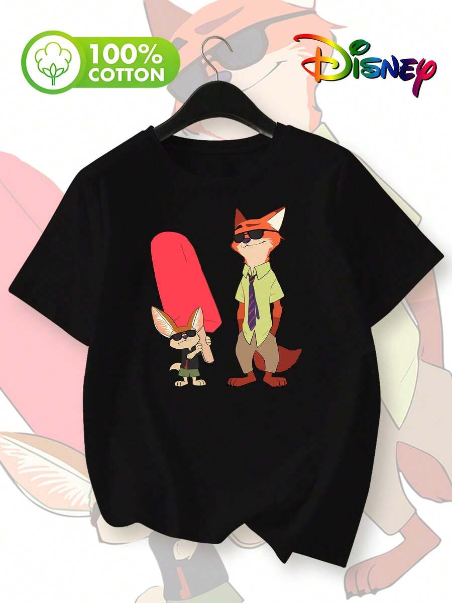 Disney Zootopia Nick And Finnick Cartoon Print Women's Summer New Fashion Pure Cotton Short-Sleeve T-ShirtMade From Soft, Comfortable, And Durable Pure Cotton, This Is An Ideal Choice For Spring And Summer. This Crew Neck T-Shirt Is Suitable For Various Occasions, Including Everyday Wear, Shopping, Parties, Travel, And Gatherings, And Also Makes A Thoughtful Gift. - 黑色 - 查看 1