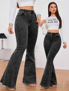 Women's Black High Waist Flare Jeans Frayed Hem Denim Pants - 黑色 - 查看 8