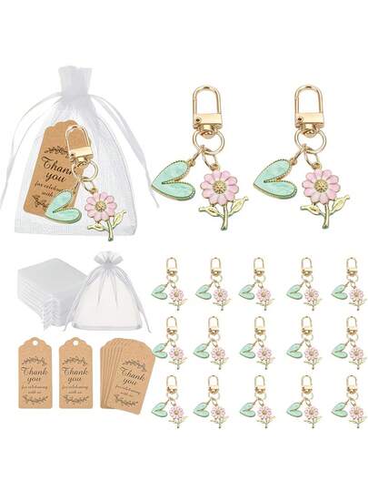 3pcs Gift Set For Her/Him - Keychains With Green Hearts And Pink Flowers, Perfect For Party Favors. These Decorative Pendants Are Ideal For Bridal Showers, Weddings, Birthday Celebrations, And Also Make Exquisite Gifts.